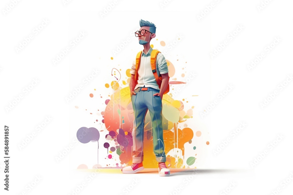 Poster a man with a backpack standing in front of a colorful background workshop graphic design motion grap