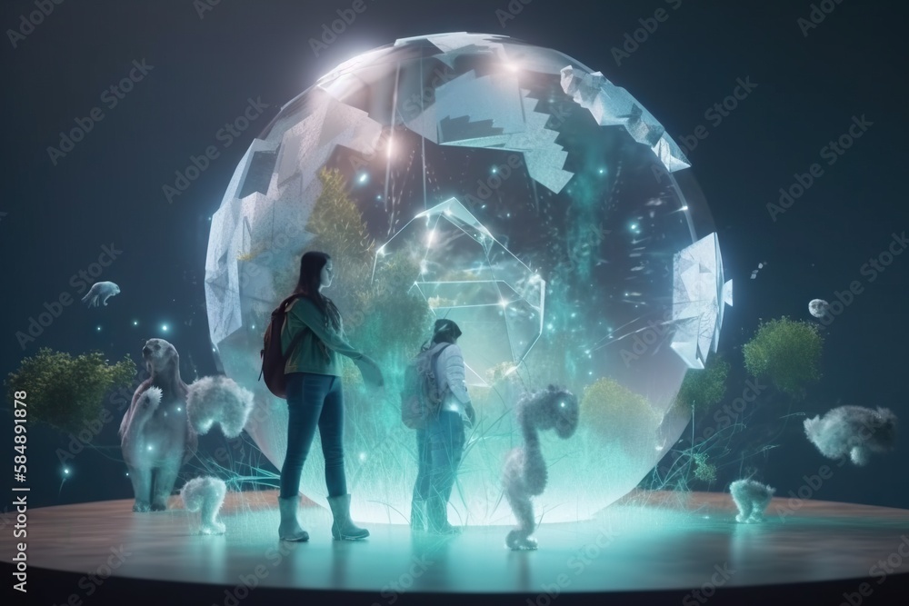 Poster a group of people standing in front of a giant object with lights zoo environmental art environment