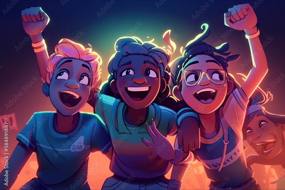 Poster a group of people standing next to each other in front of a neon background amusement park animation