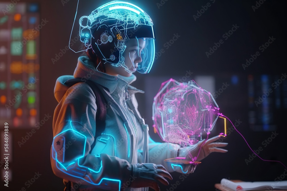 Poster a person in a futuristic suit holding a device with neon lights gas station animation augmented real