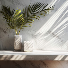 Modern minimal empty white marble stone counter table top, palm tree in sunlight, leaf shadow on concrete wall background for luxury organic cosmetic, skin care, beauty treatment product display 3D