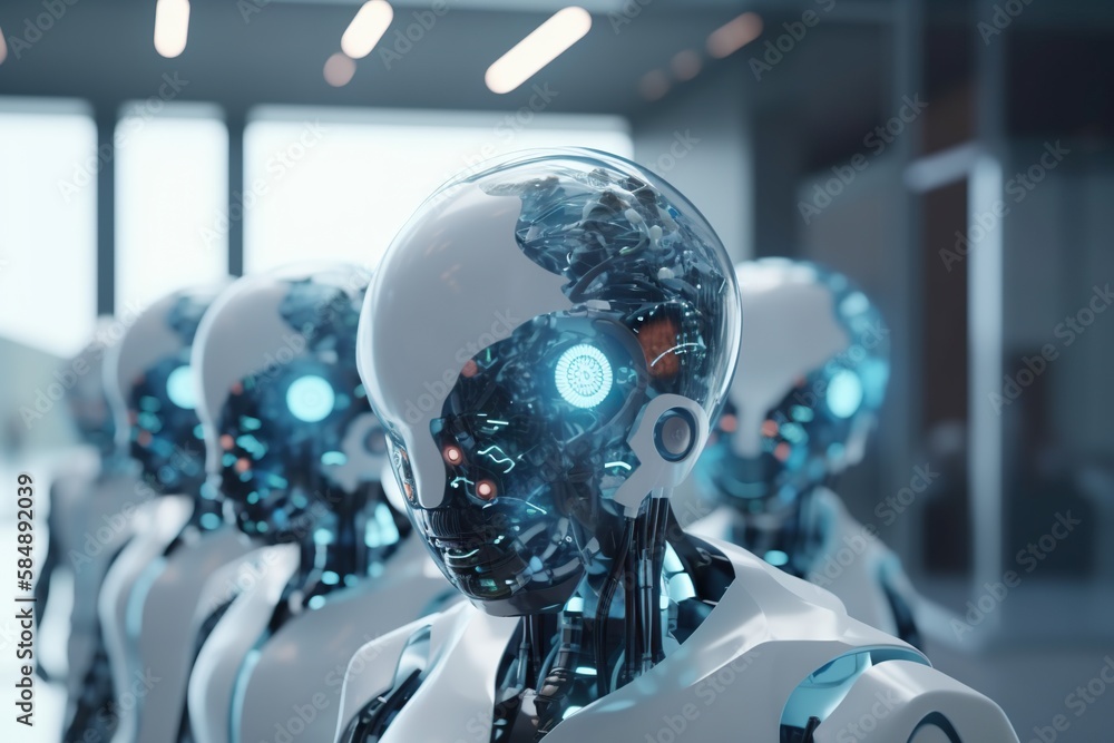 Poster a group of humanoids with glowing eyes and headphones on factory animation robotics engineering
