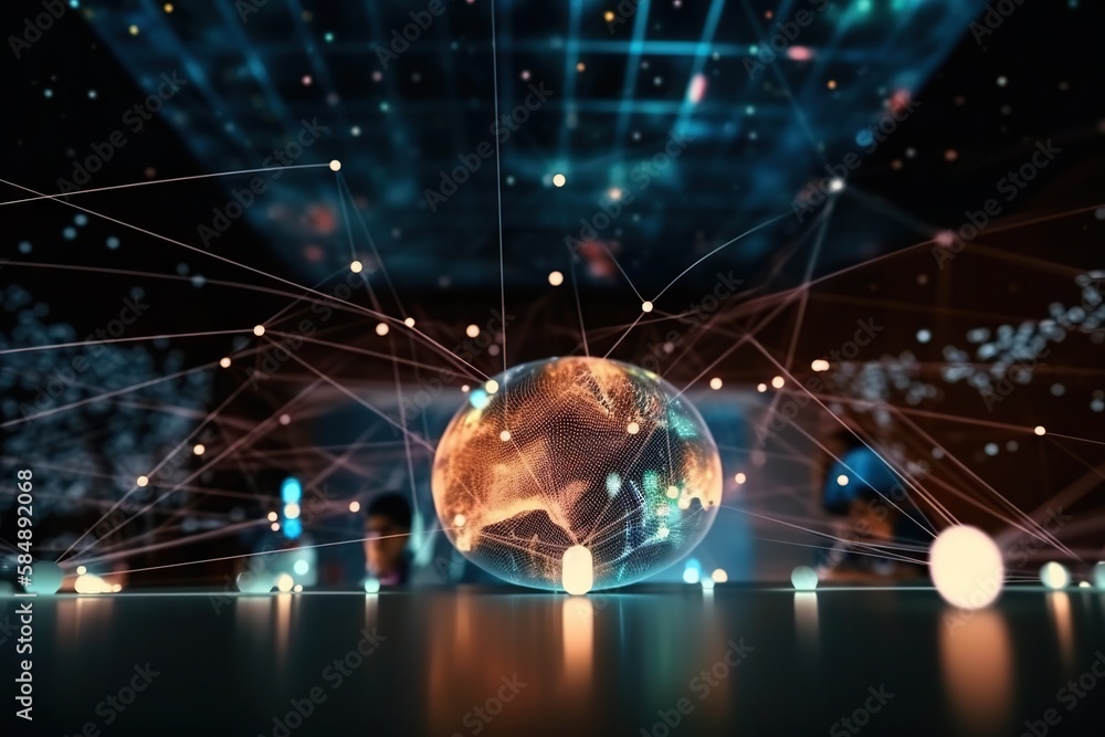 Poster a sphere with lines and dots on it in the middle of a room workshop animation supply chain optimizat