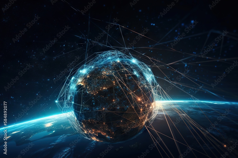 Poster a sphere with lines and dots in the middle of it and a dark background deep sea trench panoramic pho