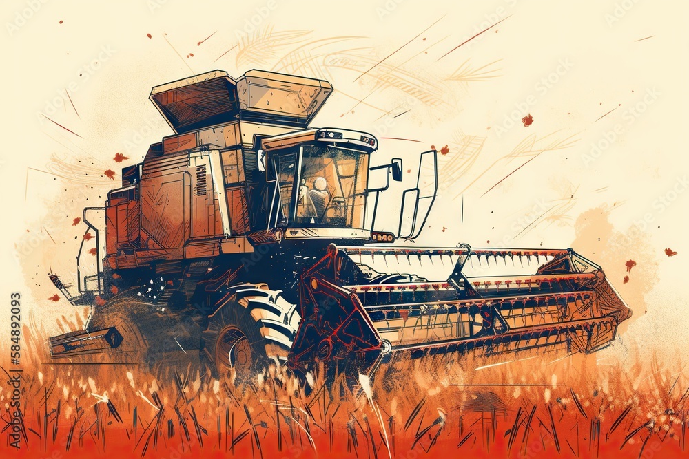 Poster a large combineer is in a field of tall grass with a red background farm environmental art agricultu
