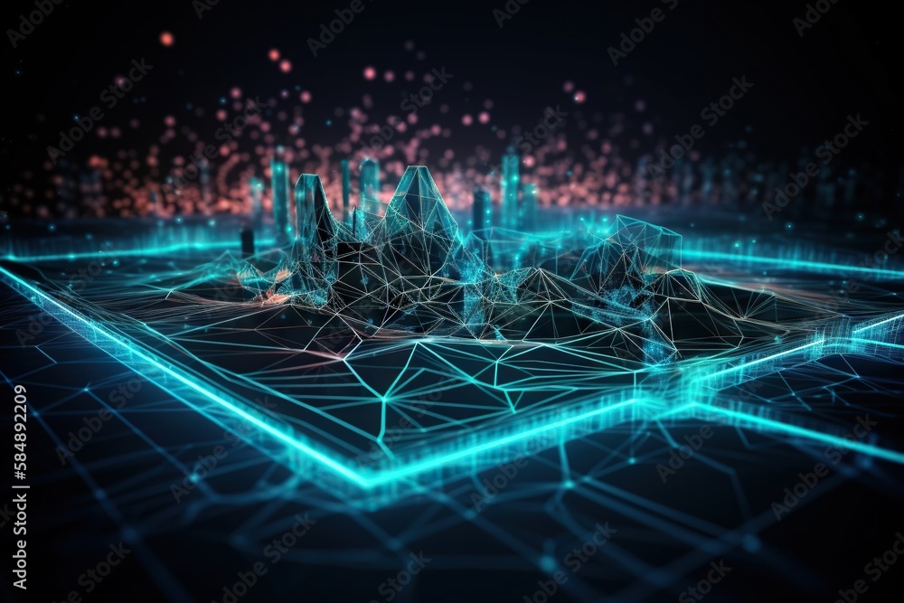 Poster a computer screen with a futuristic city in the background and a glowing blue light modern city skyl