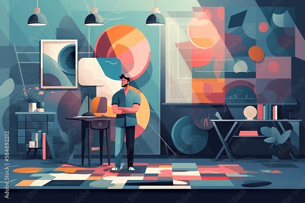 Poster a man sitting at a desk in front of a computer monitor workshop animation motion graphics