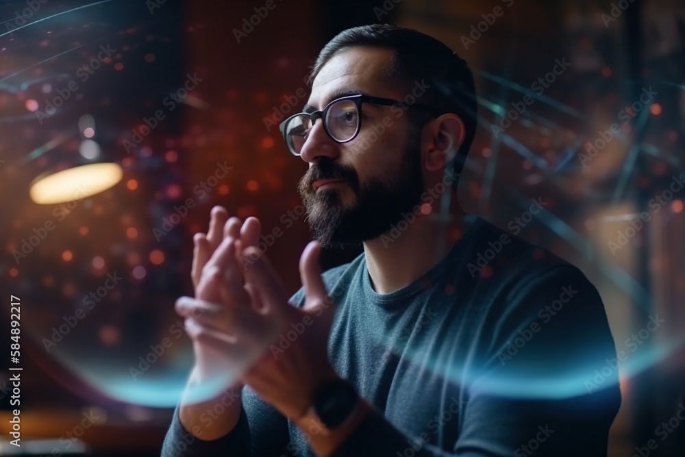 Poster a man with glasses is making a gesture with his hands in front of him workshop animation motion grap