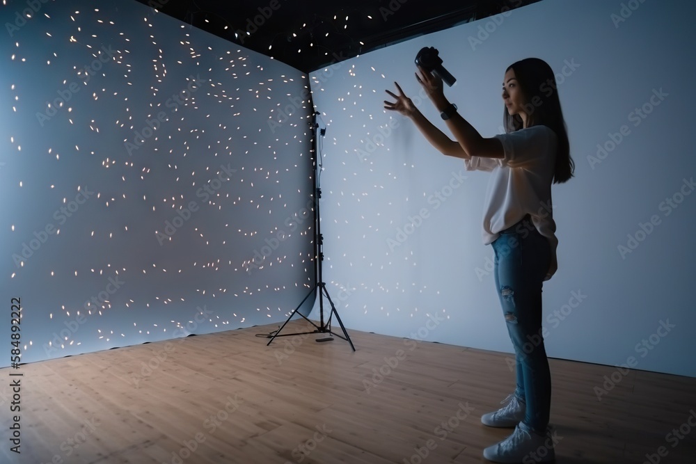 Poster a woman is standing in front of a backdrop with stars on it workshop time-lapse photography motion g