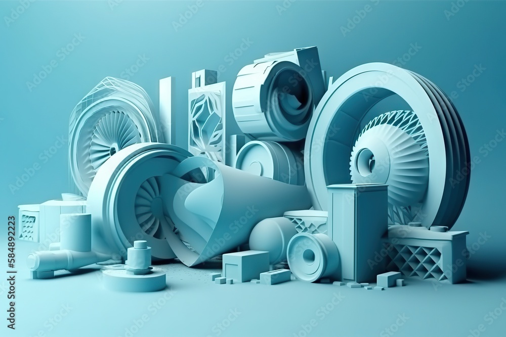 Poster a bunch of different types of blowers and other items on a blue background factory assemblage motion