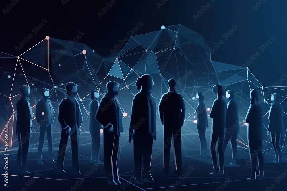 Poster a group of people standing in front of a blue background with lines factory animation blockchain tec