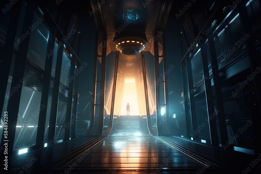 Poster a man standing in a dark hallway with a light at the end arcade animation computer graphics generati