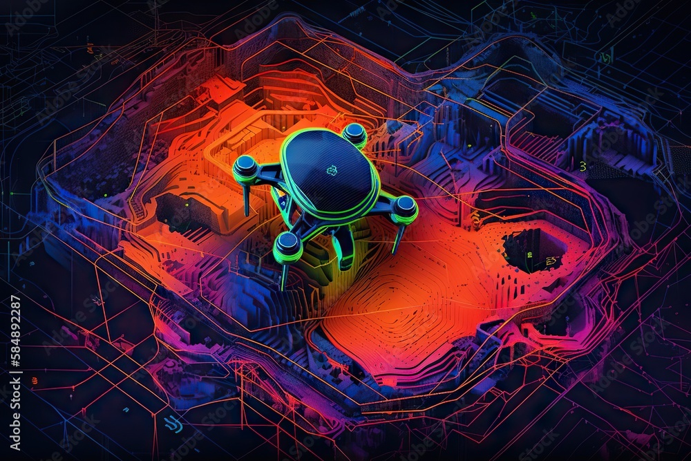 Poster a computer generated image of a small robot on a colorful surface construction site aerial photograp
