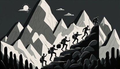 illustration Leader leads his men to the top of the mountain and reach the goal