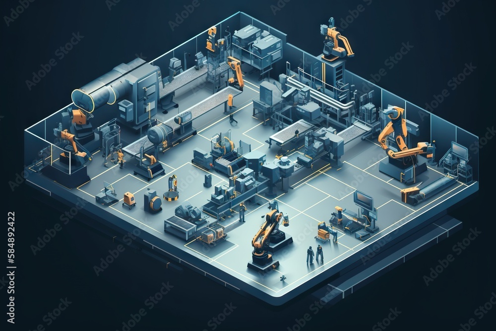 Poster a factory with workers and machinery in it including a robot factory animation manufacturing plannin