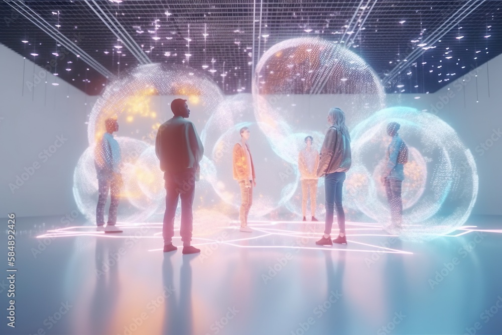 Poster a group of people standing in front of a display of bubbles science museum installation art motion g