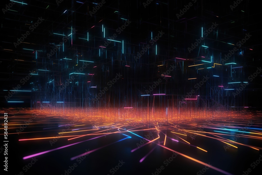 Poster a dark room with neon lights and a black background with a pattern of lines nightclub animation moti