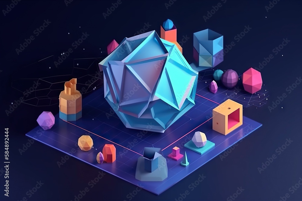 Poster a blue and orange object with many smaller objects around it on a blue surface nightclub animation m