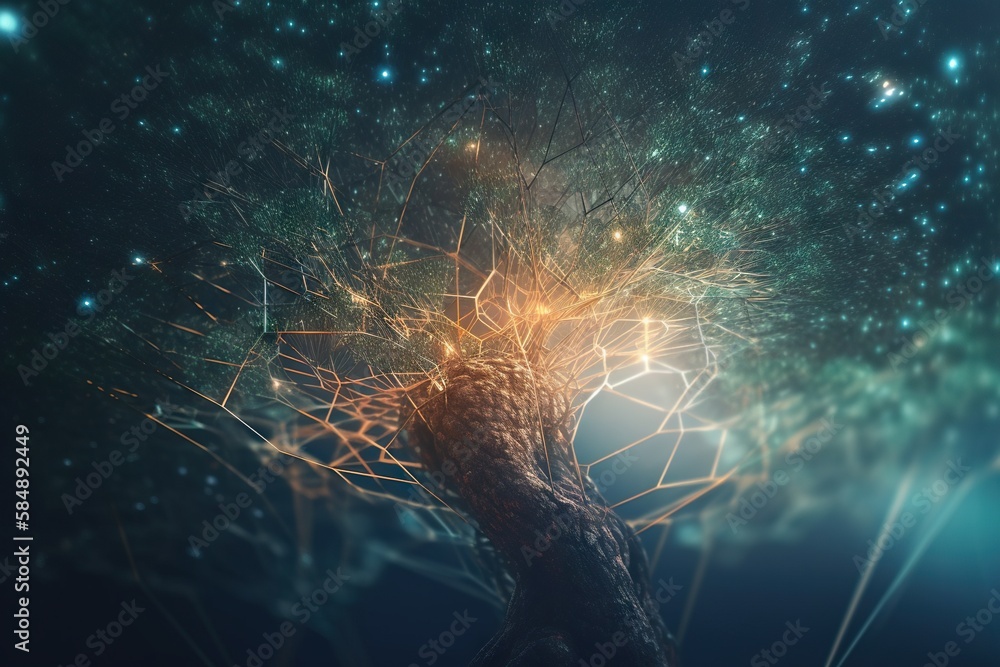 Poster a tree with many branches and lights in the background of the image forest environmental art motion 