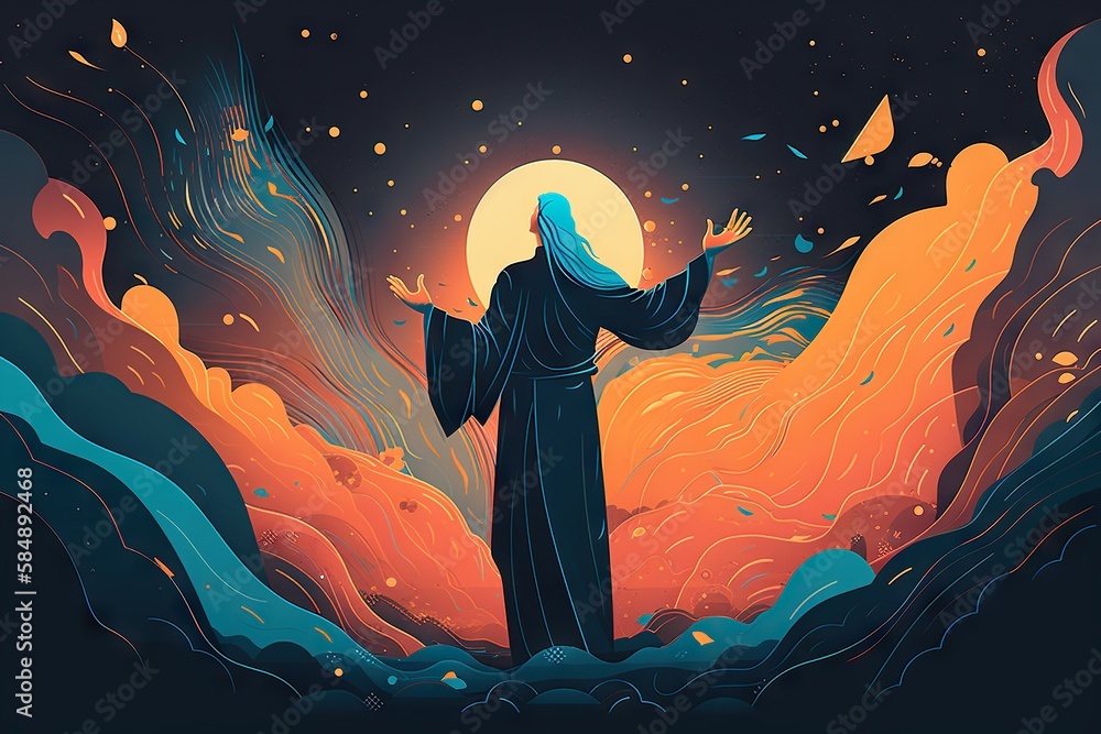 Aufkleber a man standing in front of a full moon with his hands up orchard animation digital illustration gene