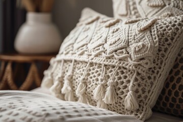 pillow cushion crocheted macrame with shell and beads isolated on white. Modern boho, scandinavian, and minimal environmental design interior details. Generative AI