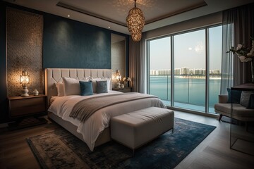 Dubai, UAE 03 06 2020 Serenia Residences apartment bedroom on Palm Jumeirah's east crescent, Dubai. Generative AI