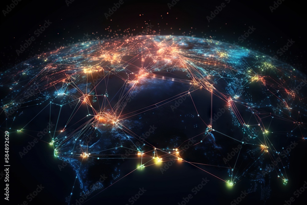 Poster a map of the world with many lights on it and a dark background solar farm video art supply chain op