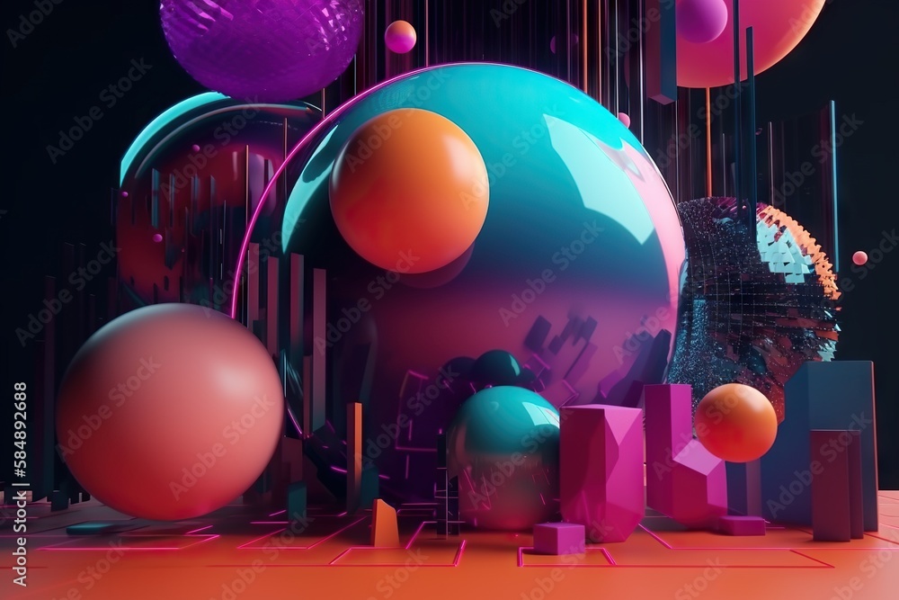 Poster a group of colorful balls and shapes on a black background with a neon glow arcade animation motion 