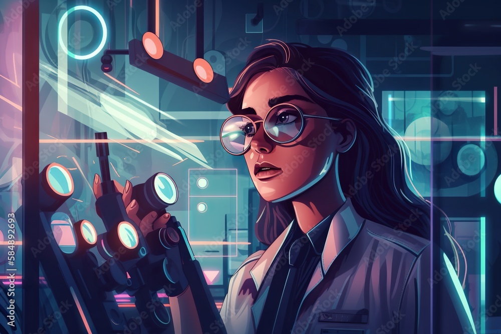 Aufkleber a woman in a lab coat holding a machine in her hand factory animation robotics engineering generativ