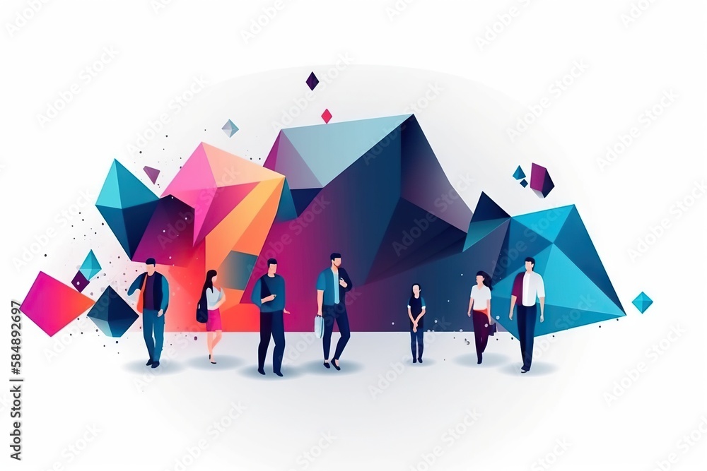 Poster a group of people standing in front of a colorful mountain with geometric shapes workshop graphic de