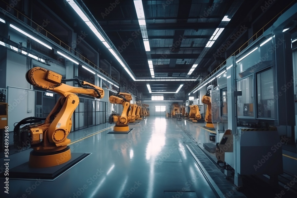Poster a factory with robots moving around in it's assembly line factory animation robotics engineering gen