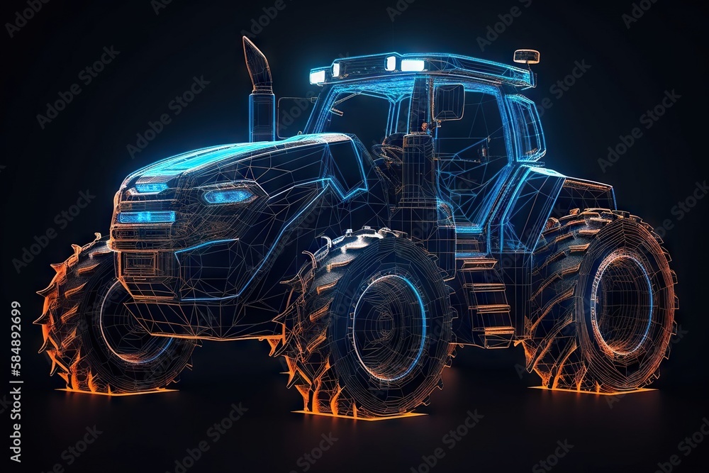 Poster a tractor with a glowing front end and tires on a dark background farm animation motion graphics gen