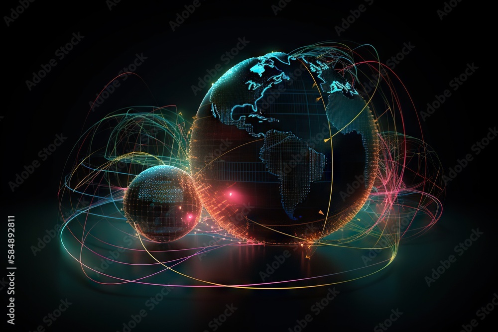 Poster a stylized image of a globe with lines and dots around it deep sea trench panoramic photography supp
