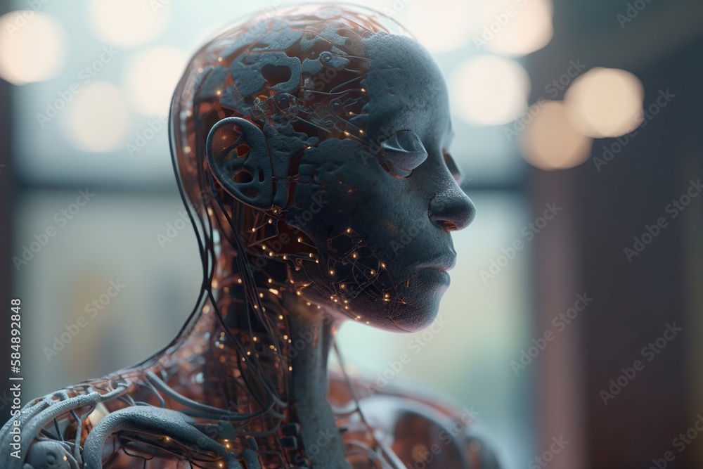 Poster a futuristic man with a glowing brain and body in the background science museum animation artificial