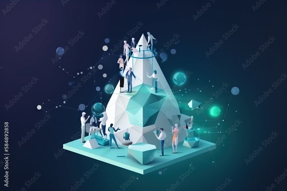 Poster a group of people standing on top of a pyramid shaped structure iceberg animation motion graphics ge