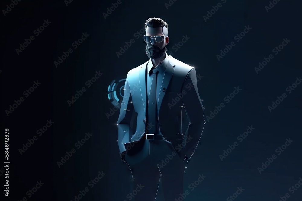 Poster a man in a suit and sunglasses standing in the dark with a gun in his hand modern city at dusk anima