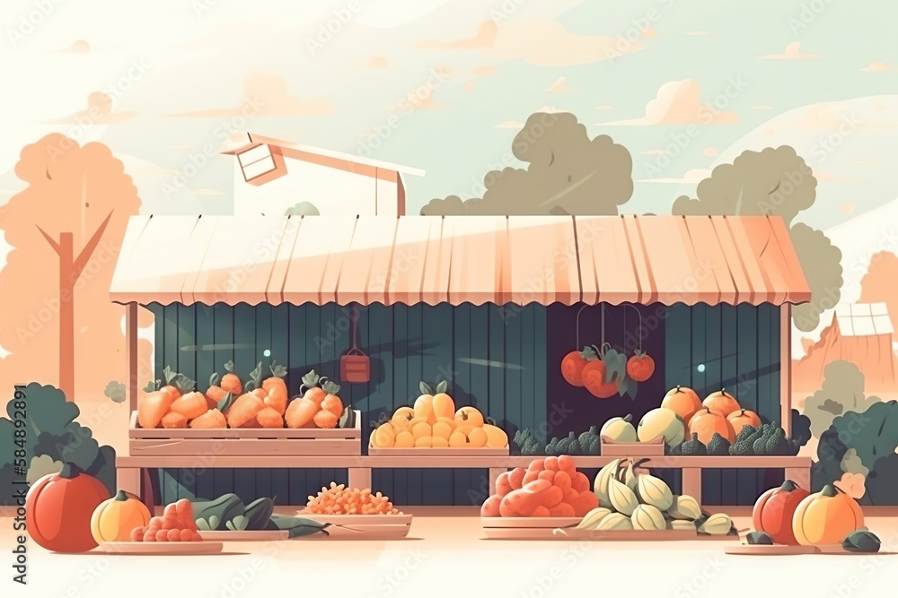 Poster a fruit stand with a lot of oranges and squash on display farm stand animation motion graphics gener