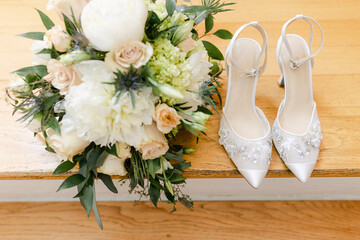 wedding shoes, flower bouquet 