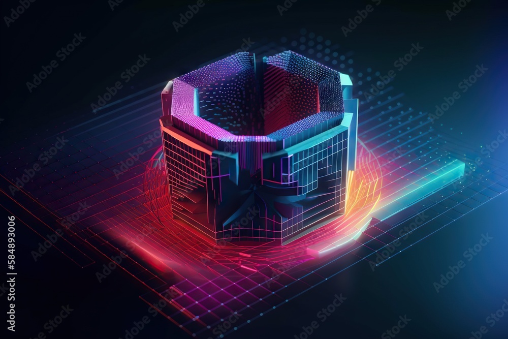 Poster a futuristic building with neon lights and a dark background with a blue and red light casino graphi