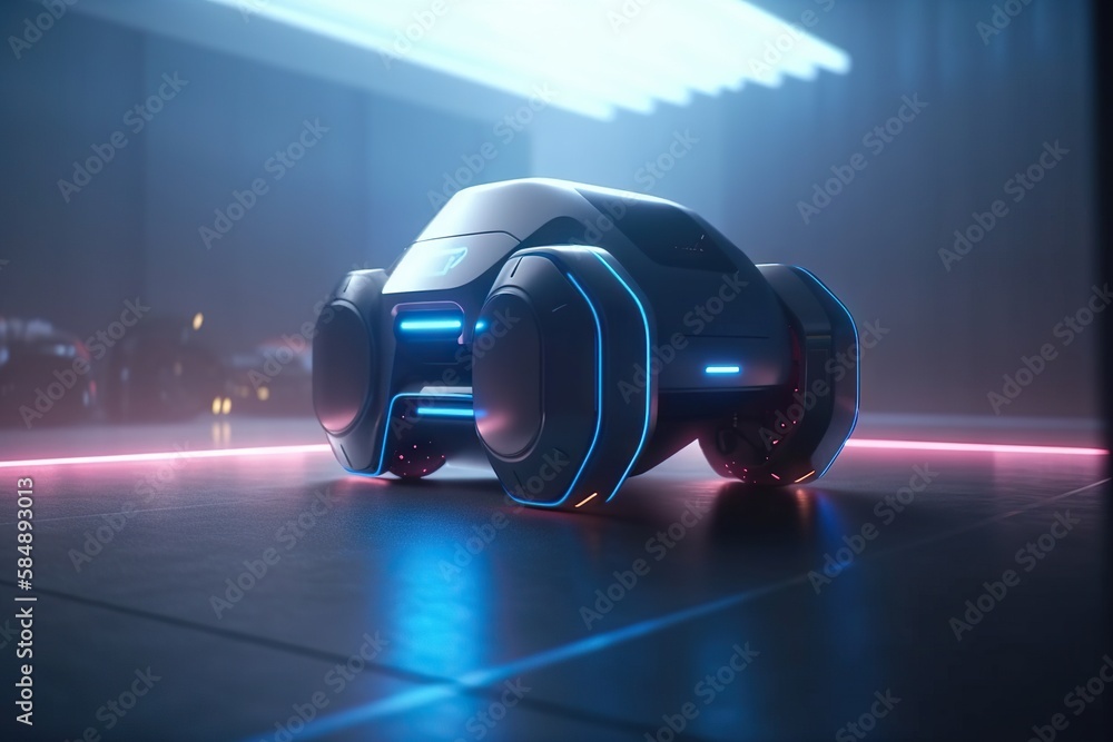 Poster a futuristic vehicle with a camera on the floor in a room arcade animation automotive design generat