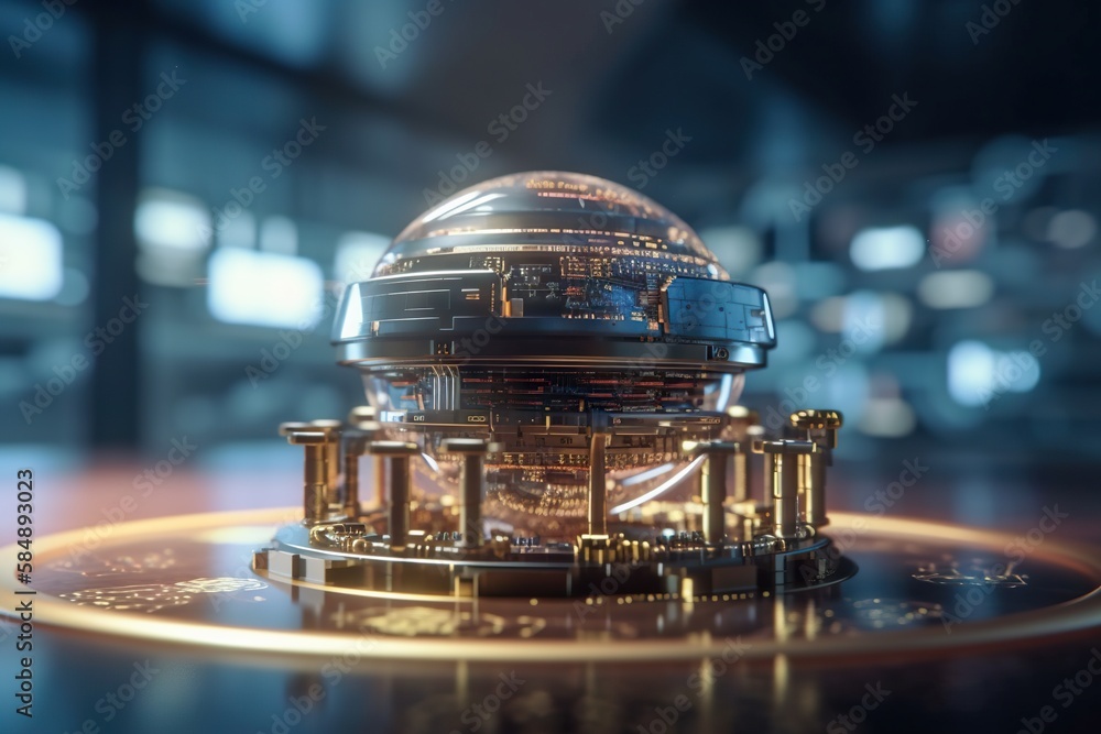 Aufkleber a glass globe on a gold plate on a table in a room factory animation motion graphics generative ai