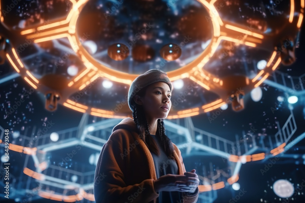 Aufkleber a woman standing in front of a futuristic background with lights and a clock science museum animatio