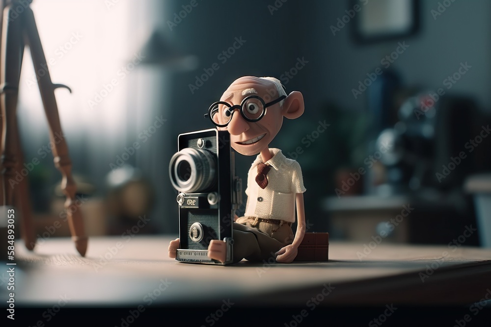 Poster a cartoon character sitting next to a camera on a table with a tripod bank animation animation filmm