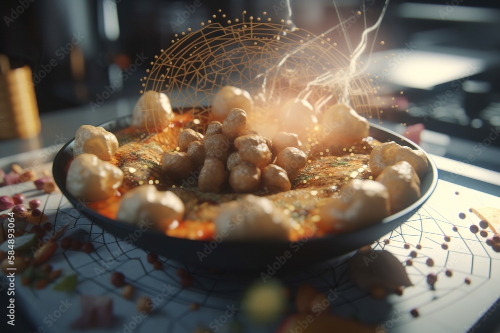 Poster a plate of food with a lot of food on it and a light shining on it desert animation motion graphics 