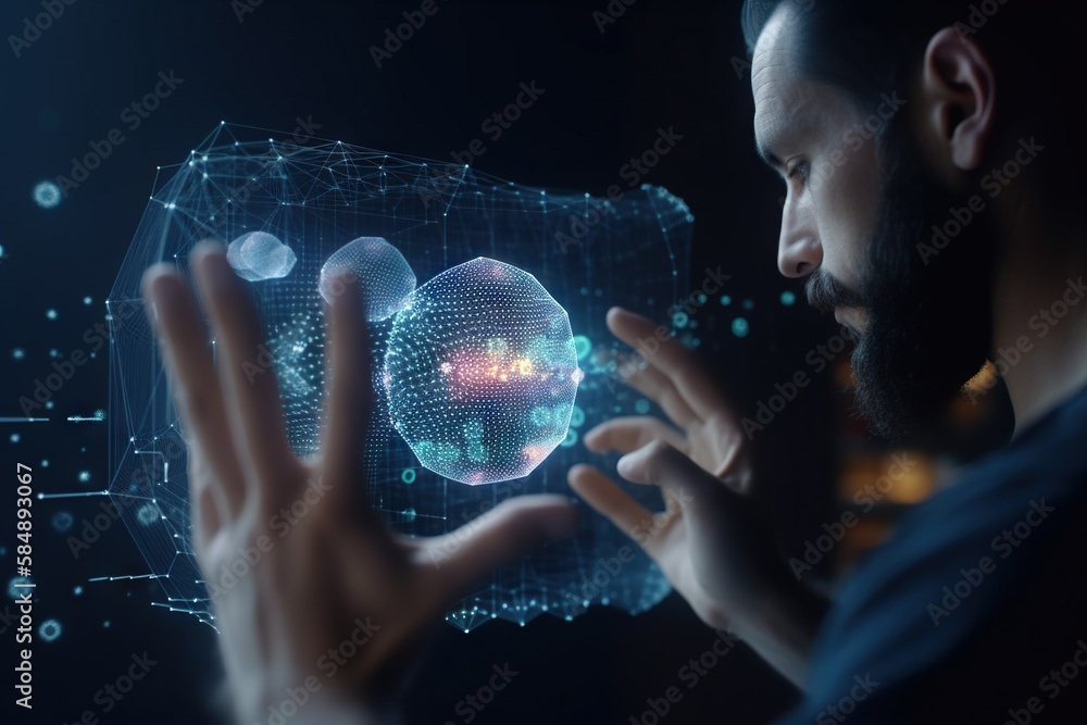 Poster a man holding a cell phone in his hands with a futuristic design on it workshop animation motion gra