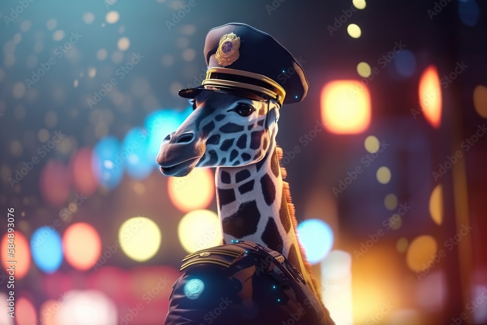 Poster a giraffe dressed in a military uniform is standing in the street zoo animation animation filmmaking