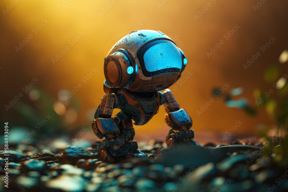 Aufkleber a robot toy standing on a rocky ground with a bright light behind it junkyard animation exploration 