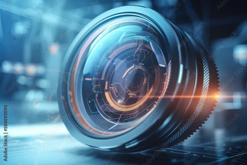 Poster A Camera Lens Is Shown In This Image With A Bright Light Coming From The Lens Tv Studio Macro Photography Motion Graphics Generative AI 