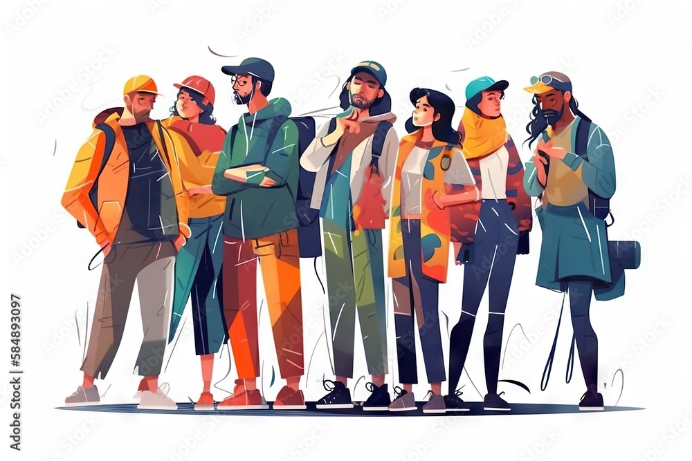 Poster a group of people standing next to each other in front of a white background bus station animation g