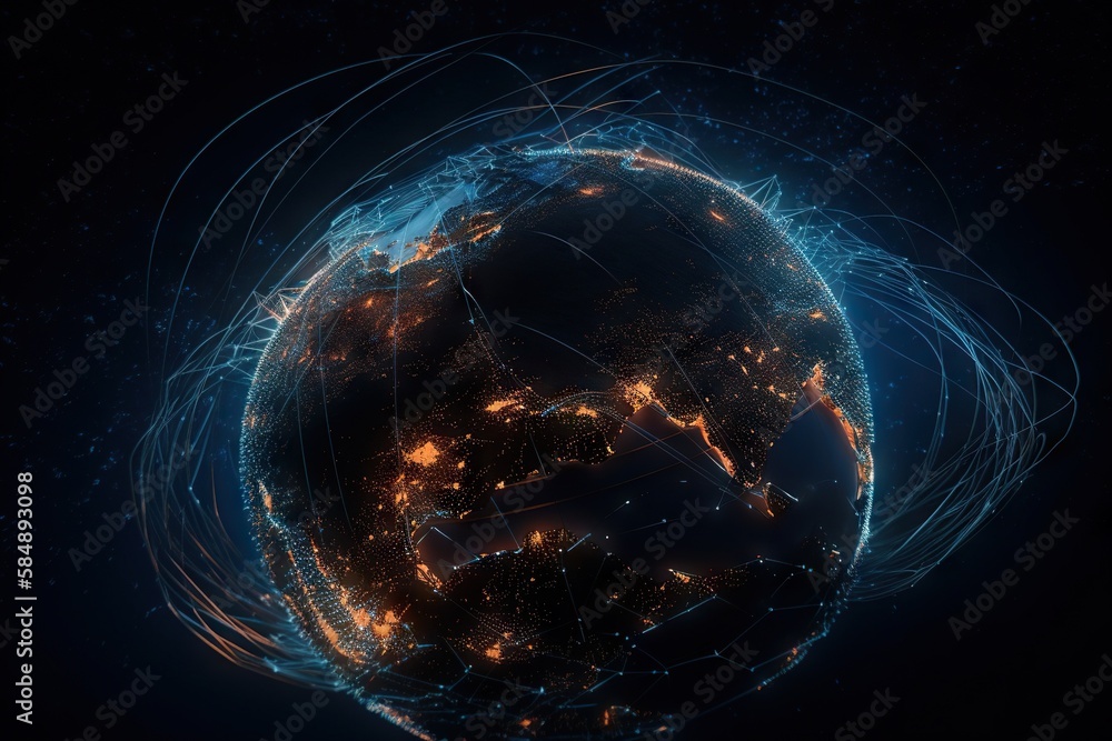 Poster a globe with a lot of lines and dots around it in the dark deep sea trench panoramic photography mot